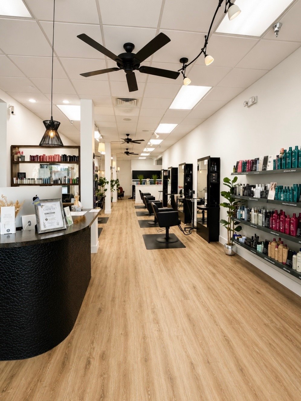 Inside Salon and Spa Botanica on Marco Island, with the reception desk and Aveda product wall